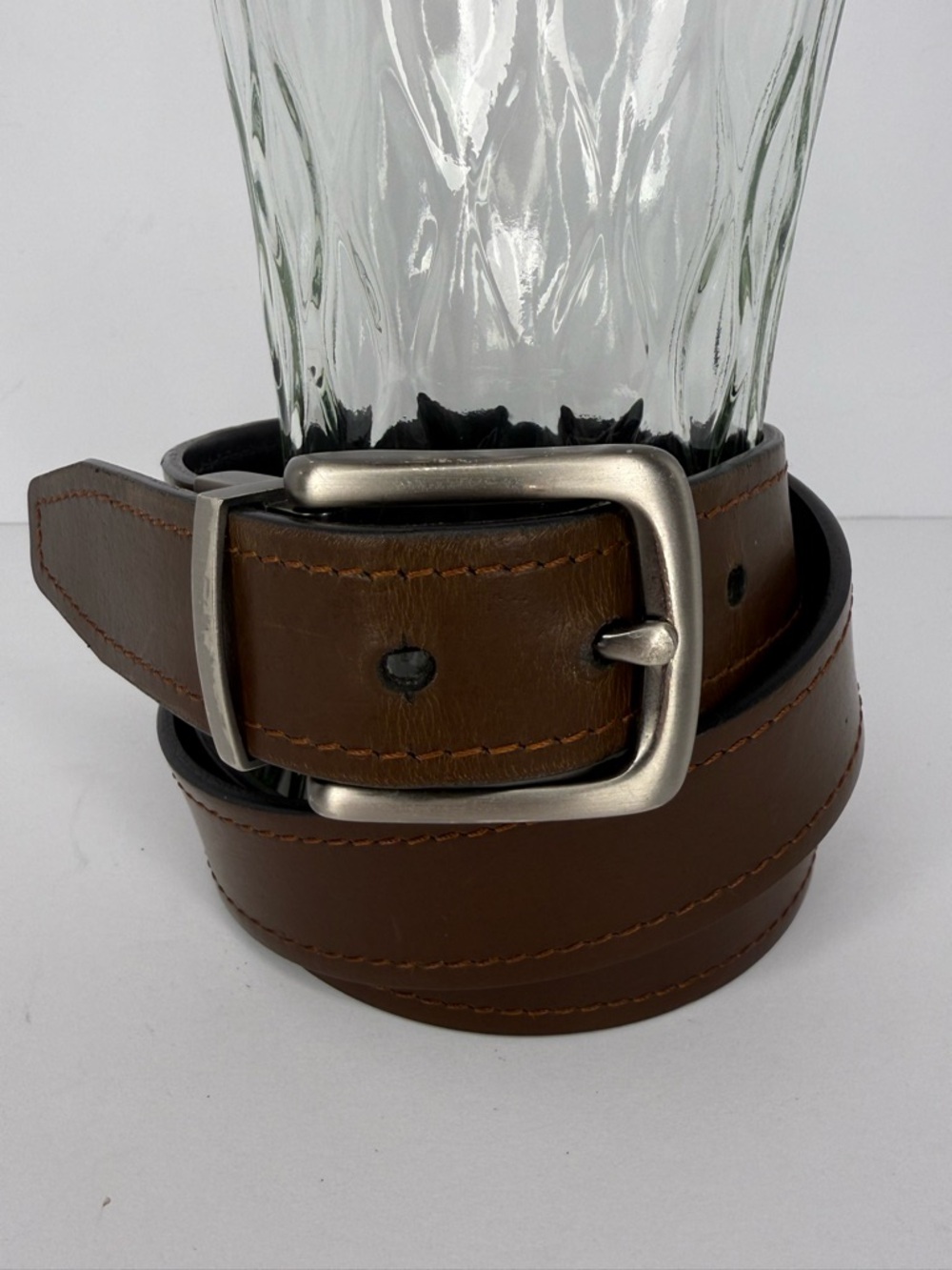 Fossil Brown Leather Belt with Brushed Silver Buckle